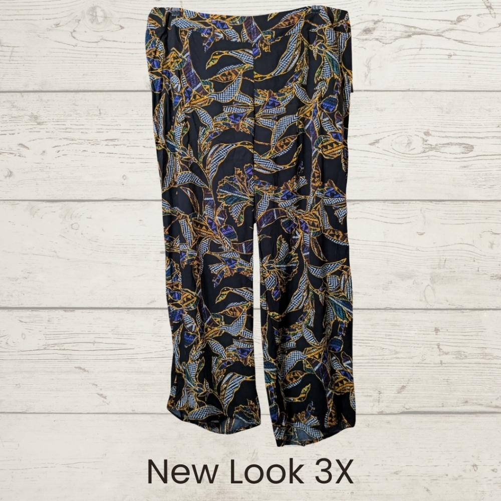 New Look 3X Black Pull On Palazzo Pants with Gold and Blue Design NWT - Picture 2 of 6